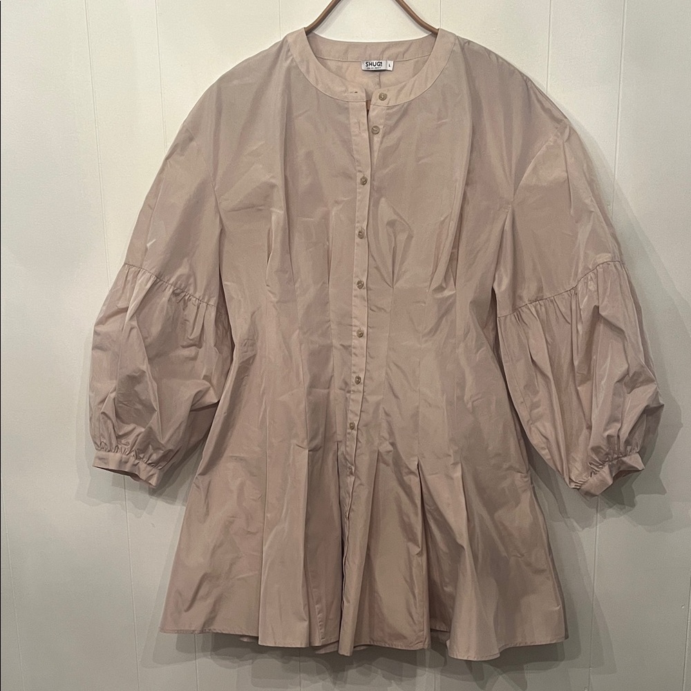 Shug Beige Midi Dress with Balloon Sleeves